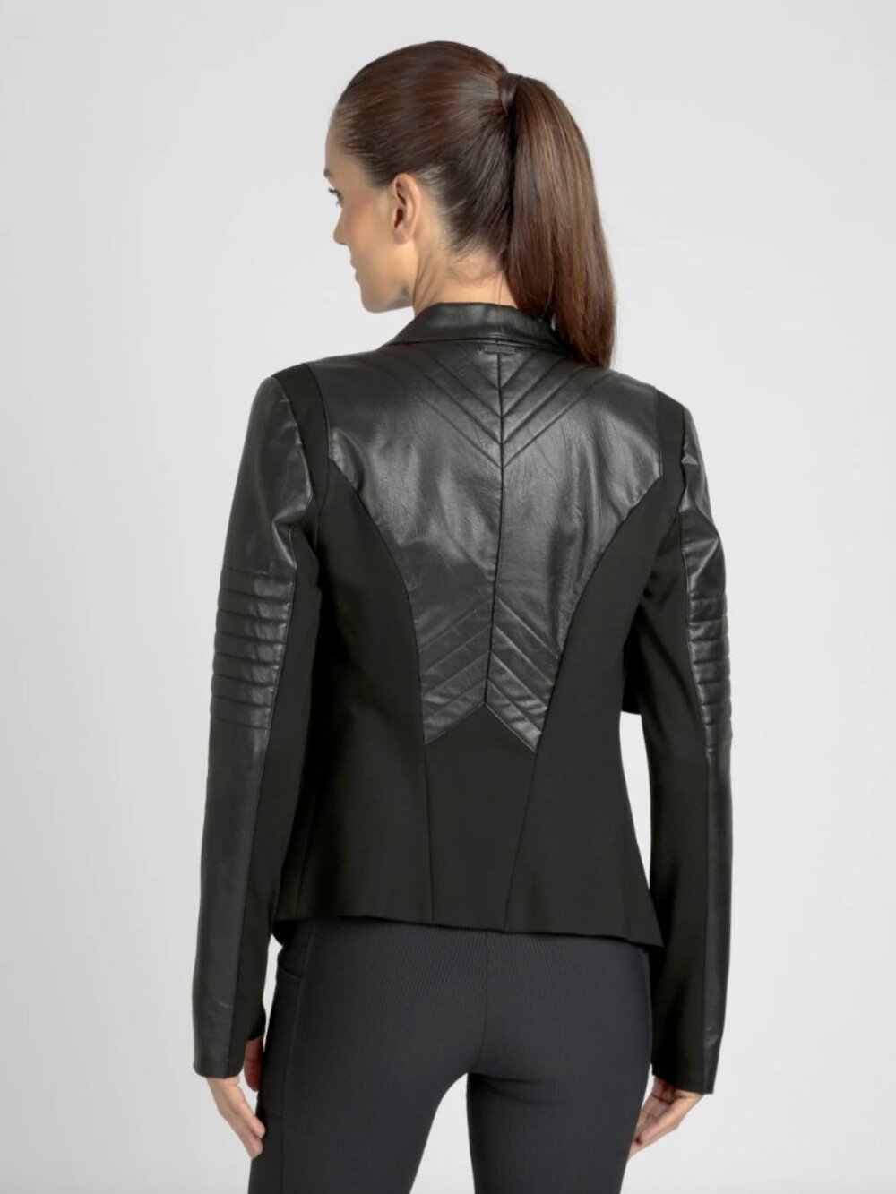 Blanc Noir Drape Front Jacket | Black Vegan Leather Contrast | Size S - Picture 2 of 9